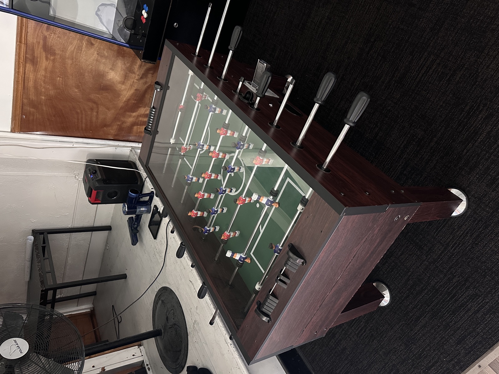 Foosball table in action