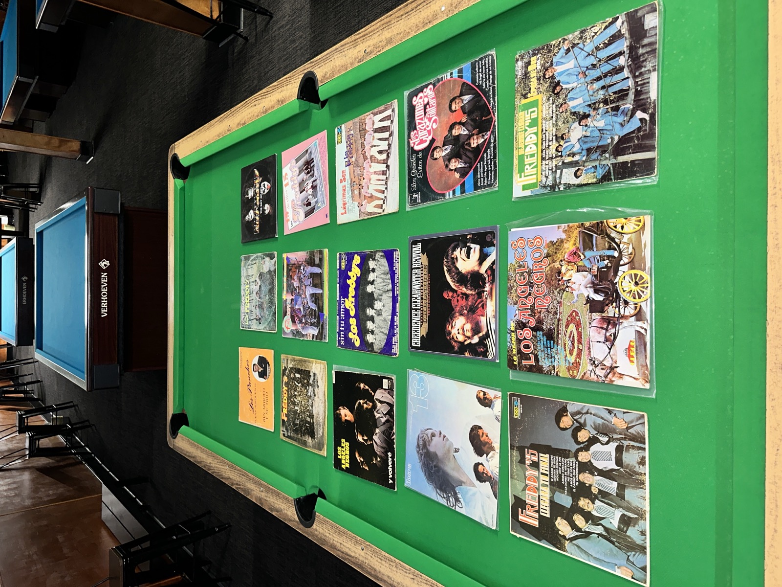 Vinyl record collection displayed on a table